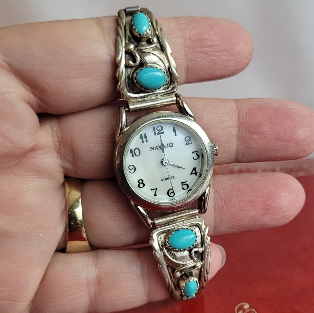 Silver and Turquoise Women's Watch Navajo Signed Wrist Watch
